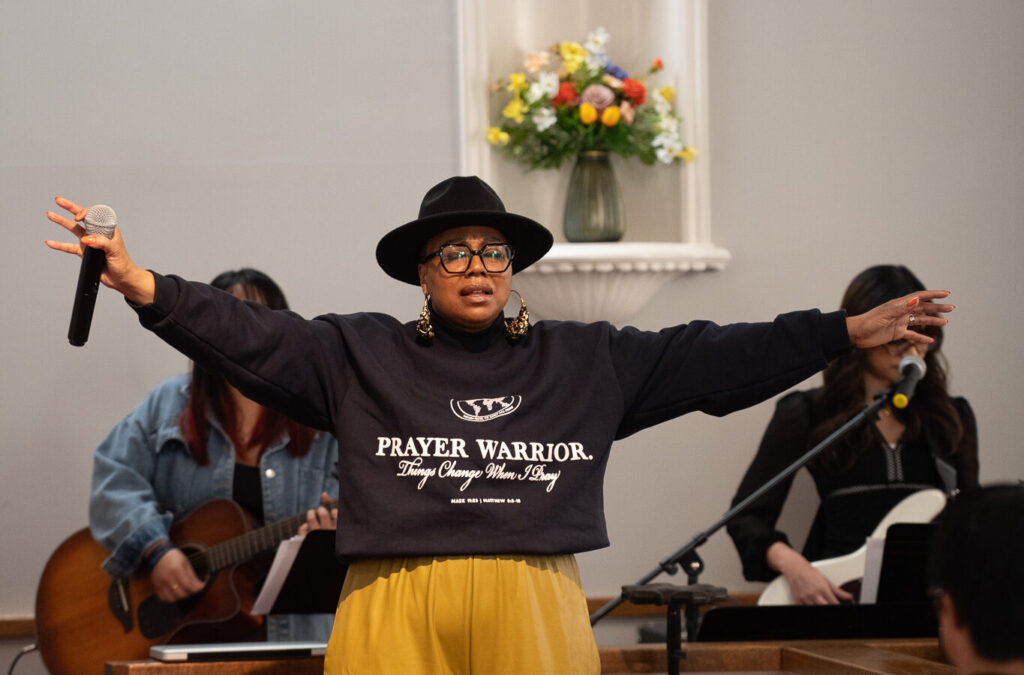 Red. Adrienne worship leading.